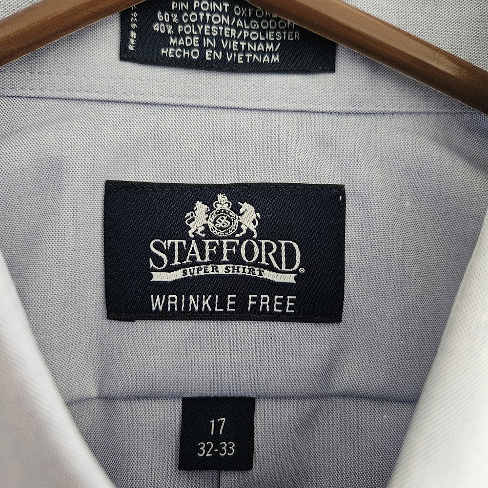 NWT Stafford Dress Shirt Men L XL 17 32 33 Blue Oxford Button Long Sleeve Formal - Picture 3 of 7